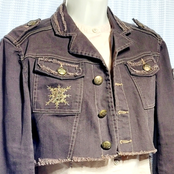 Banana Dark Brown Denim Crop Raw Edge Military Jacket Women's (S**) Made in USA - Picture 2 of 14